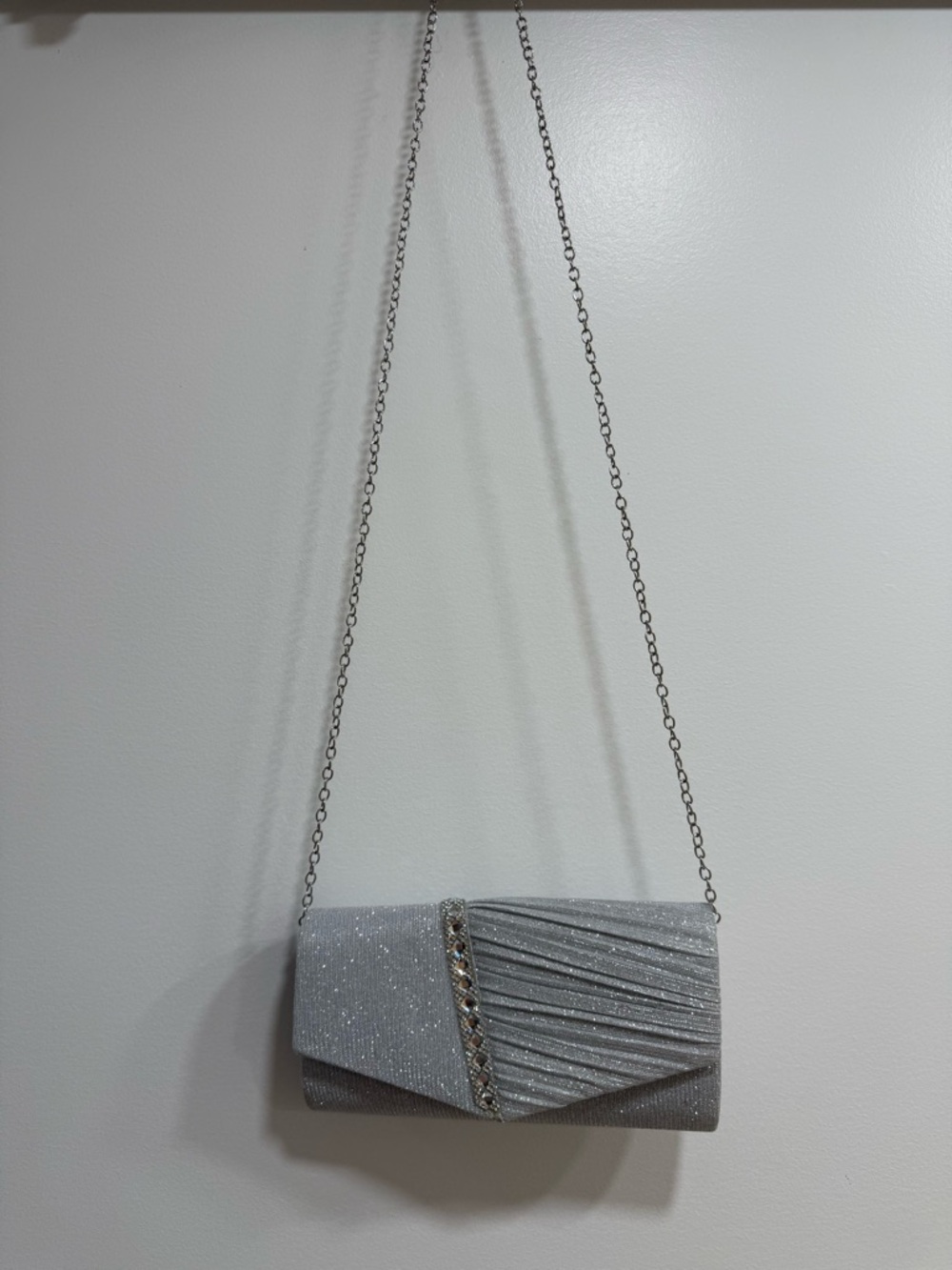 Silver Glitter Evening Clutch with Chain Strap
